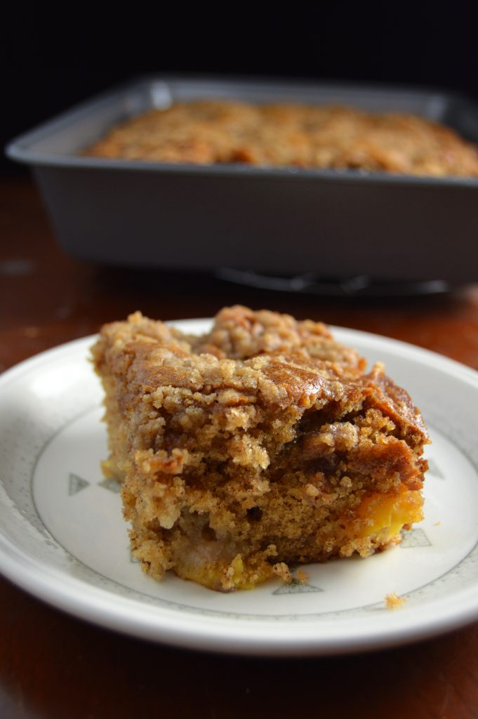 Deliciously moist peach coffee cake recipe. Perfect with a cup of tea or coffee!