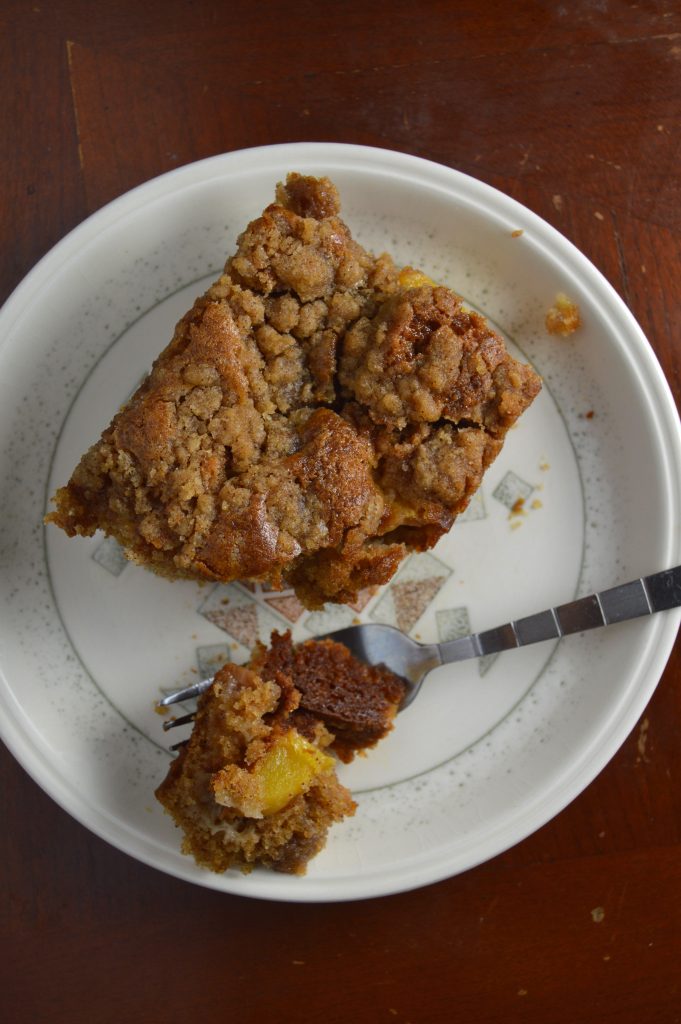 Deliciously moist peach coffee cake recipe. Perfect with a cup of tea or coffee!