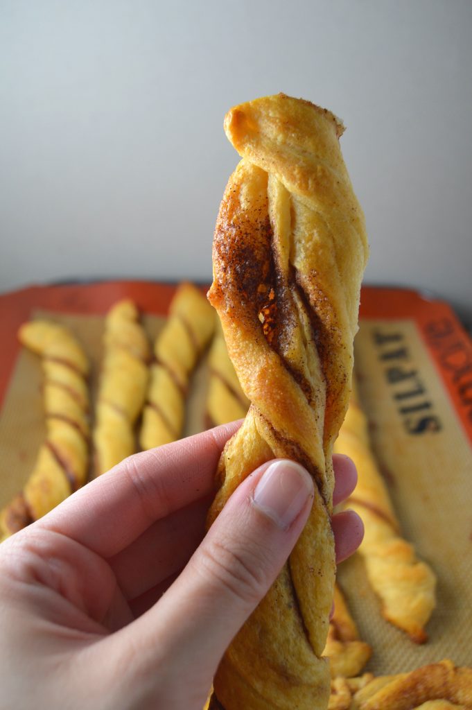 Super easy cinnamon twists made with refrigerated crescent rolls.