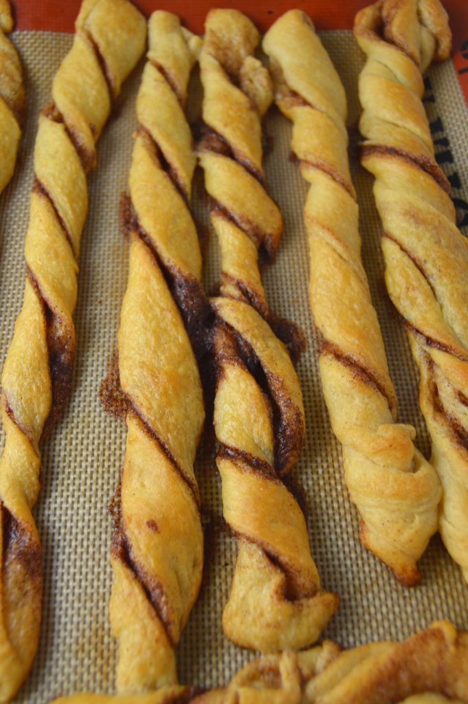 Super easy cinnamon twists made with refrigerated crescent rolls.