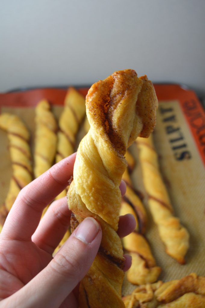 Super easy cinnamon twists made with refrigerated crescent rolls.