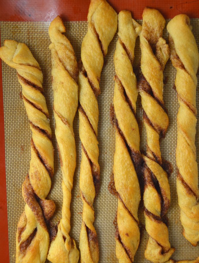 Super easy cinnamon twists made with refrigerated crescent rolls.