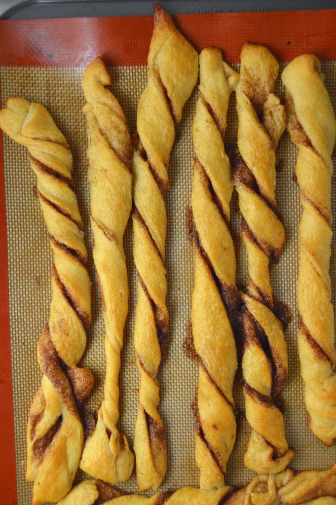 Super easy cinnamon twists made with refrigerated crescent rolls.