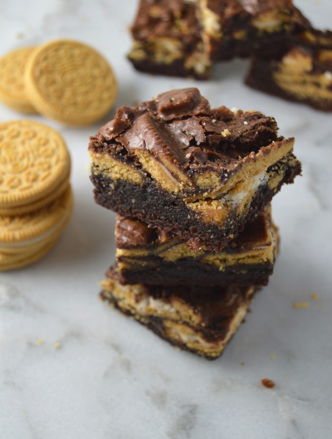 Fudgy nutella brownies packed with chopped golden oreos make the perfect crispy/chewy texture.