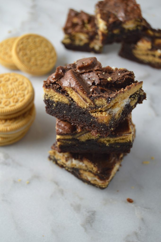 Fudgy nutella brownies packed with chopped golden oreos make the perfect crispy/chewy texture.