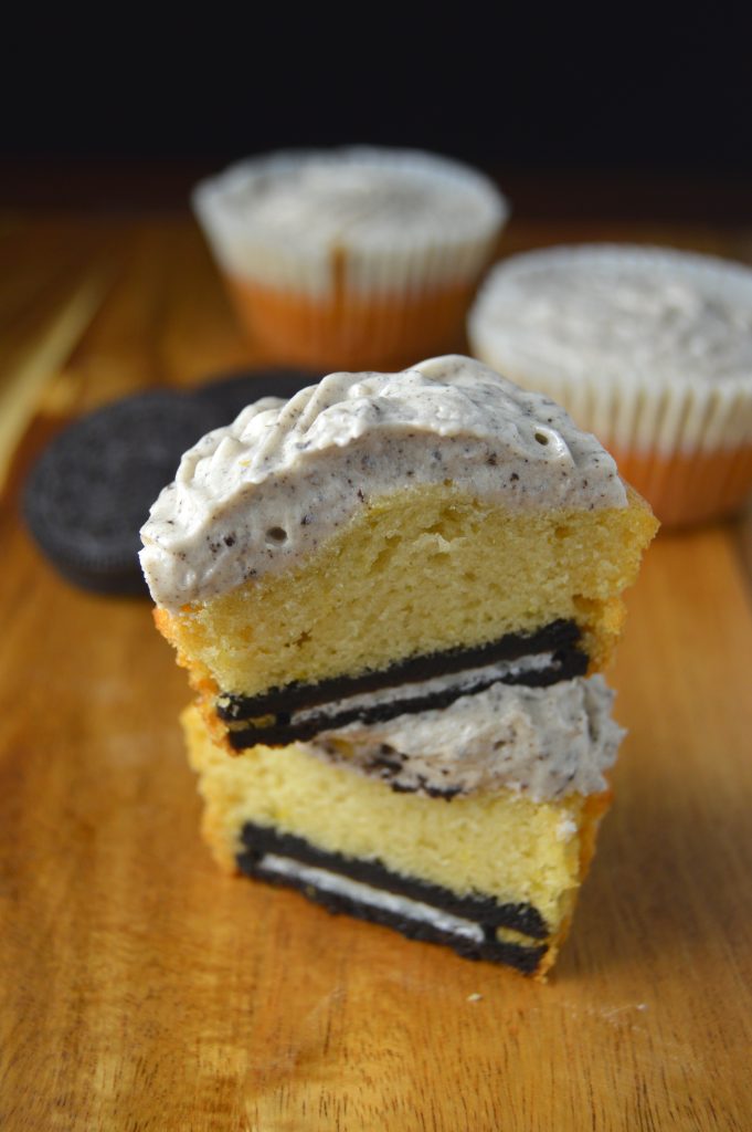 Cupcakes made with a hidden Oreo on the inside. The cookies and cream frosting just send these cupcakes over the top!