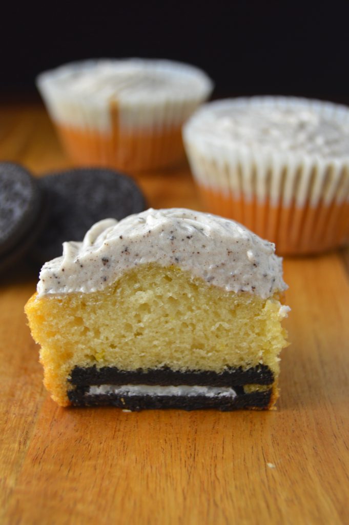 Cupcakes made with a hidden Oreo on the inside. The cookies and cream frosting just send these cupcakes over the top!