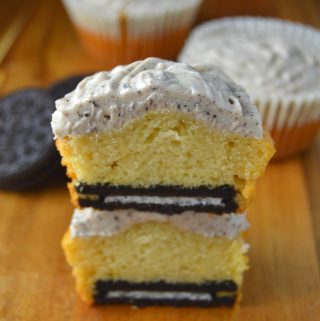 Cupcakes made with a hidden Oreo on the inside. The cookies and cream frosting just send these cupcakes over the top!