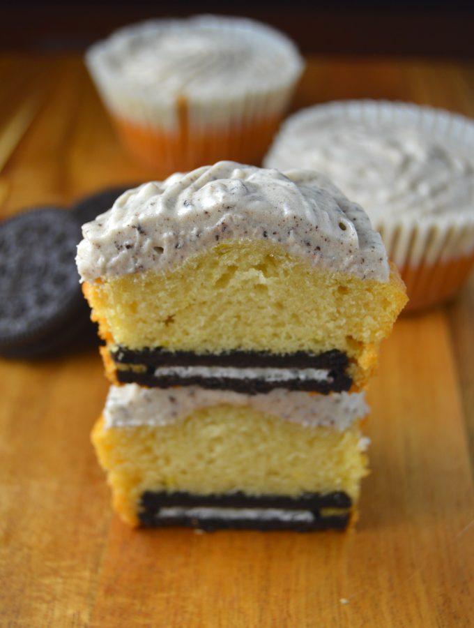 Cupcakes made with a hidden Oreo on the inside. The cookies and cream frosting just send these cupcakes over the top!