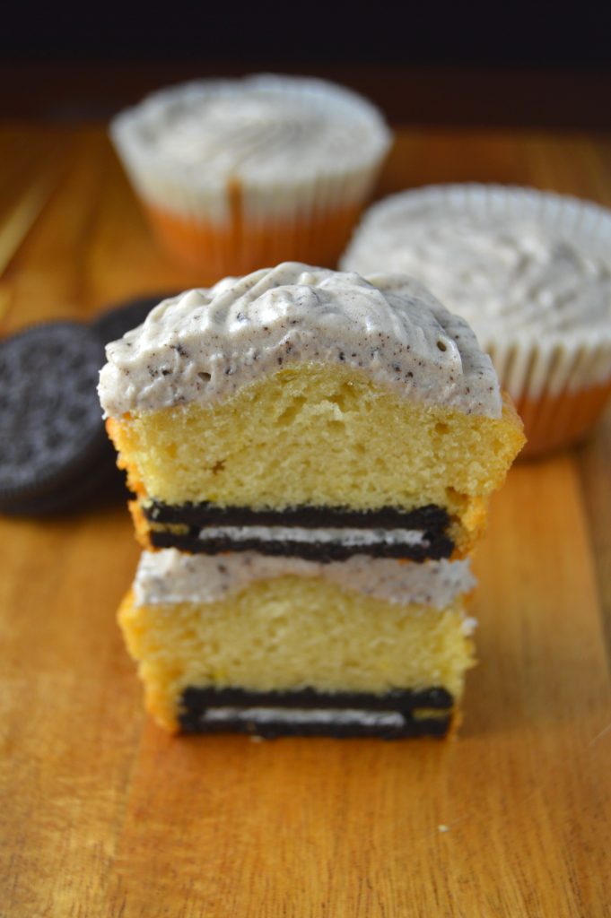 Cupcakes made with a hidden Oreo on the inside. The cookies and cream frosting just send these cupcakes over the top!