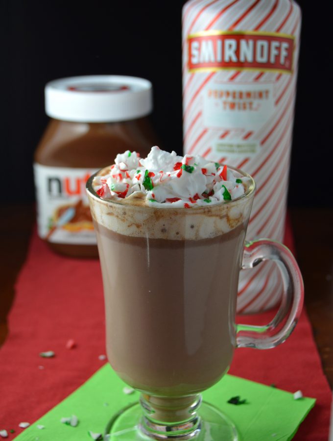 Bring out the holiday cheer with an adult version of a peppermint hot chocolate. Made with peppermint vodka and Nutella.