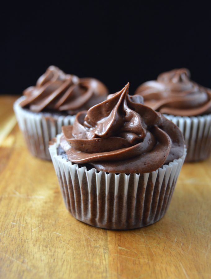 Deliciously moist chocolate cupcakes topped with rich chocolate frosting.