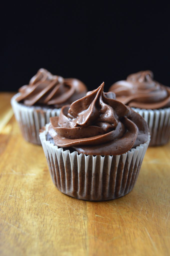 Deliciously moist chocolate cupcakes topped with rich chocolate frosting.