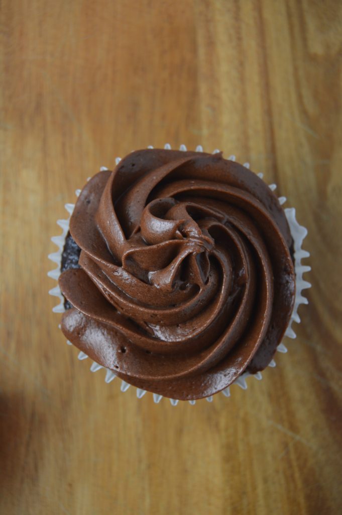 Deliciously moist chocolate cupcakes topped with rich chocolate frosting.