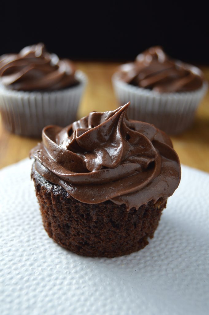 Deliciously moist chocolate cupcakes topped with rich chocolate frosting.