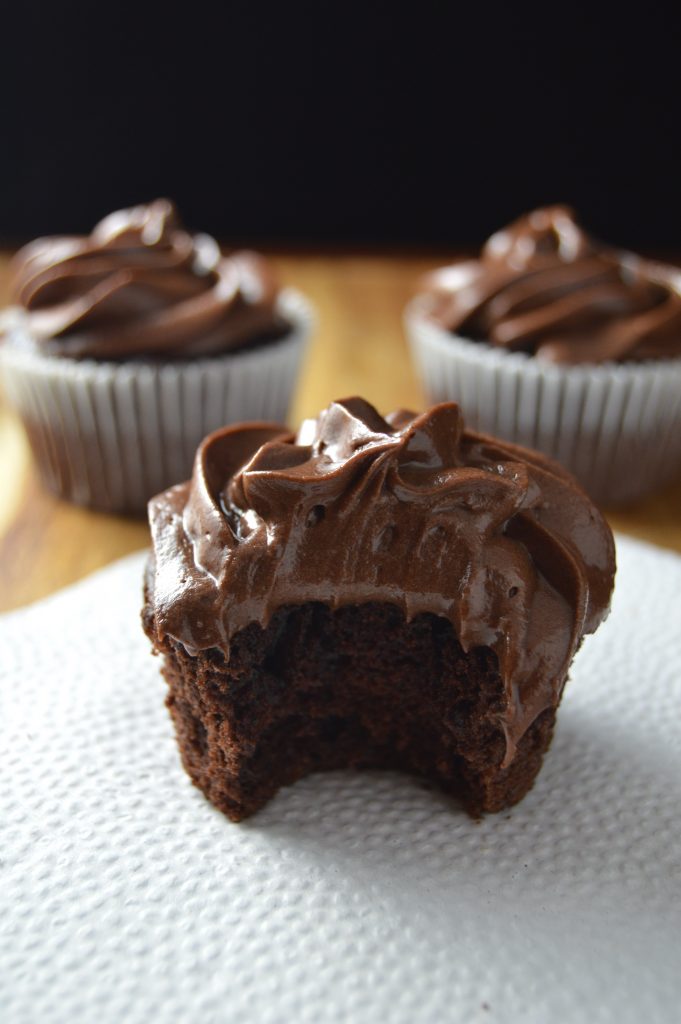 Deliciously moist chocolate cupcakes topped with rich chocolate frosting.