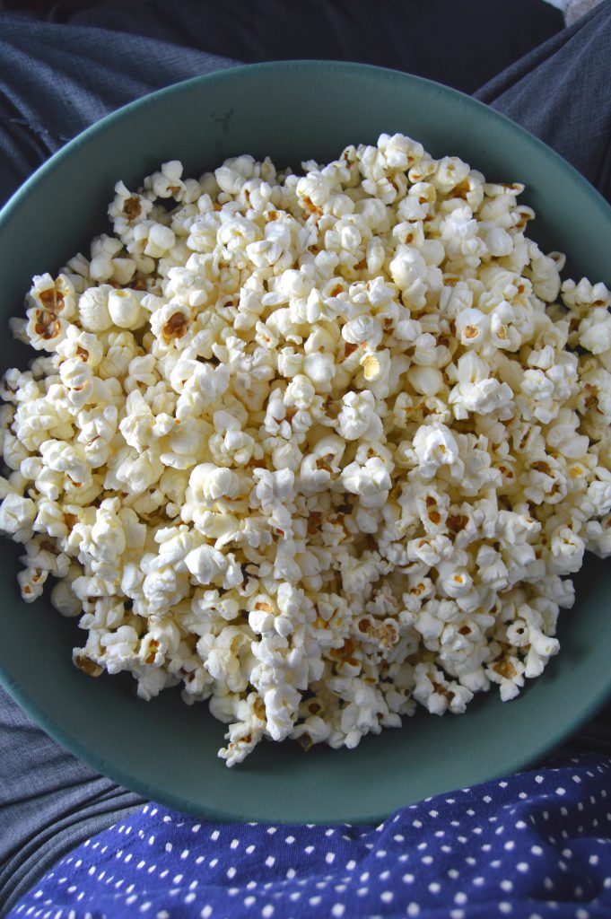 Coconut Oil and Himalayan Salt Popcorn is a quick and easy snack recipe. Perfect for movie night.