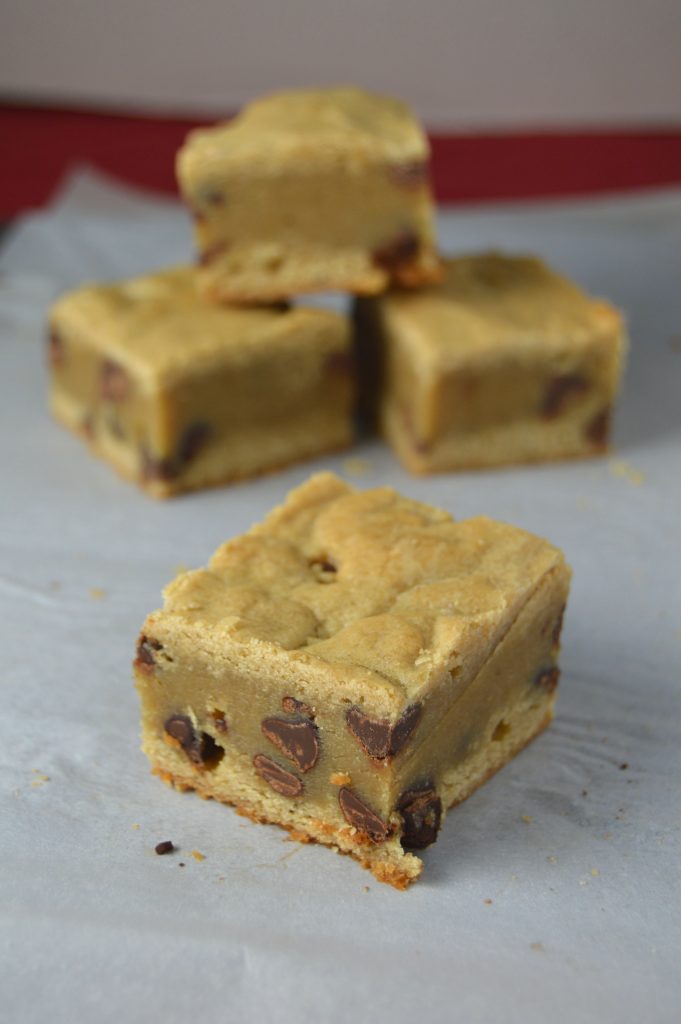 Your favourite chocolate chip cookie in bar form! Soft and chewy and packed with chocolate chips.