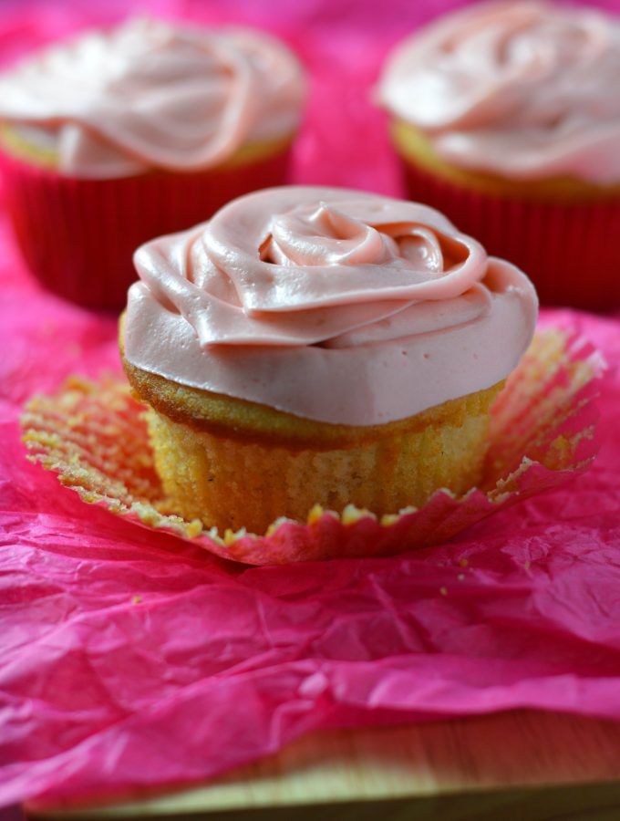 Soft and fluffy cupcakes with pink frosting are the perfect cupcake recipe for Valentine's Day. 