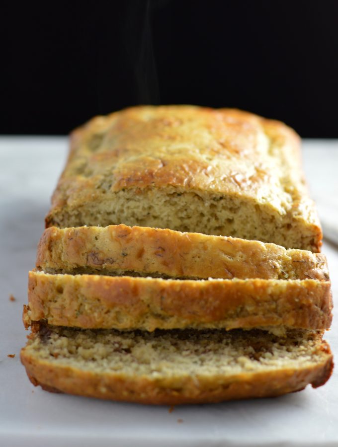 Super easy banana bread recipe made with hemp hearts. Butterless and healthy so you can feel good about taking another slice.