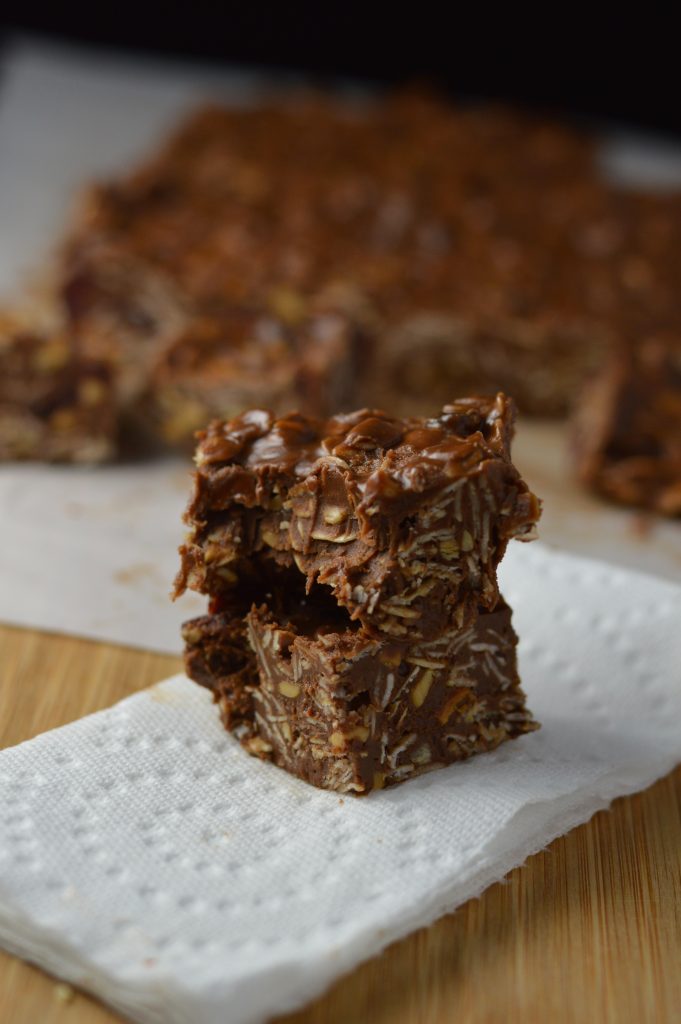 Vegan peanut butter, chocolate and oats fudge. Gluten free, and made with cranberries and super easy to make.