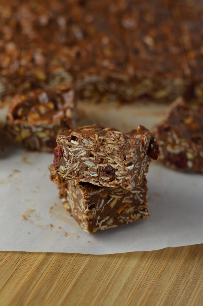 Vegan peanut butter, chocolate and oats fudge. Gluten free, and made with cranberries and super easy to make.