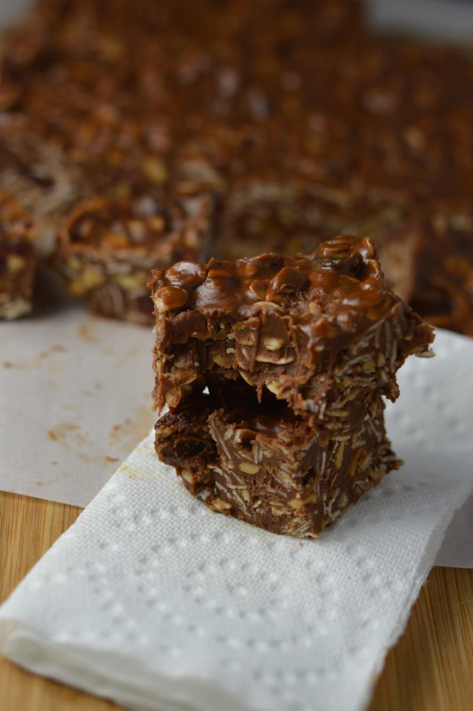 Vegan peanut butter, chocolate and oats fudge. Gluten free, and made with cranberries and super easy to make.