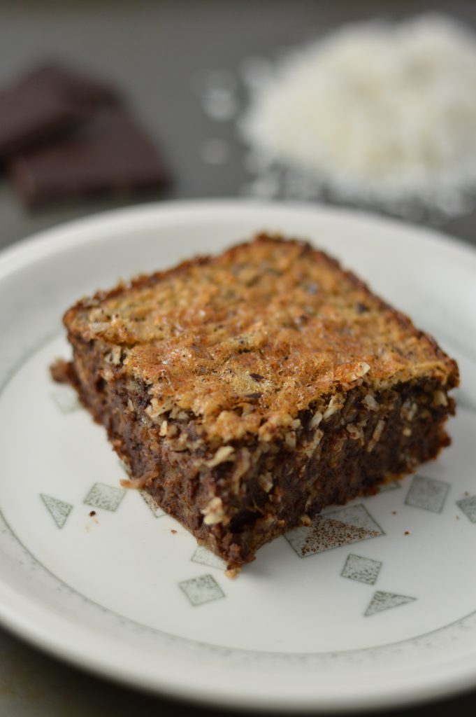 Moist dark chocolate coconut cream cake. Made in one bowl, which means less dishes.