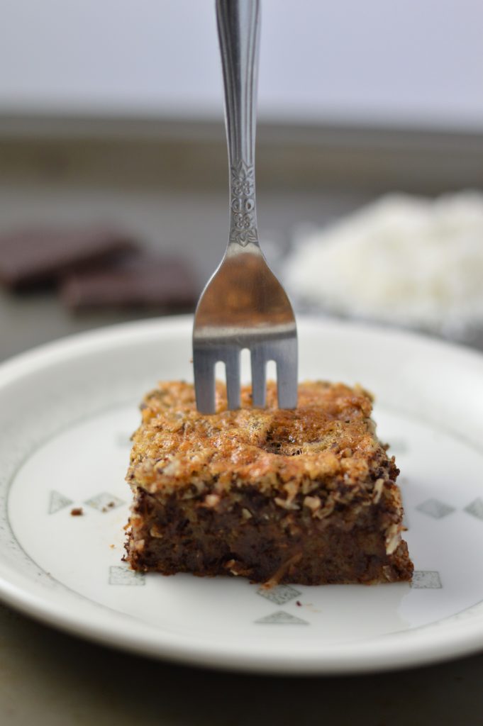 Moist dark chocolate coconut cream cake. Made in one bowl, which means less dishes.