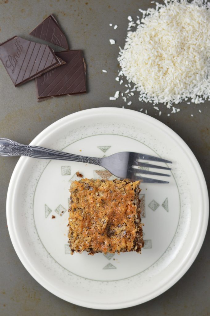 Moist dark chocolate coconut cream cake. Made in one bowl, which means less dishes.