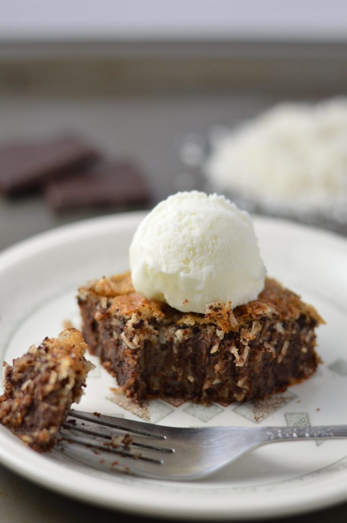 Moist dark chocolate coconut cream cake. Made in one bowl, which means less dishes.