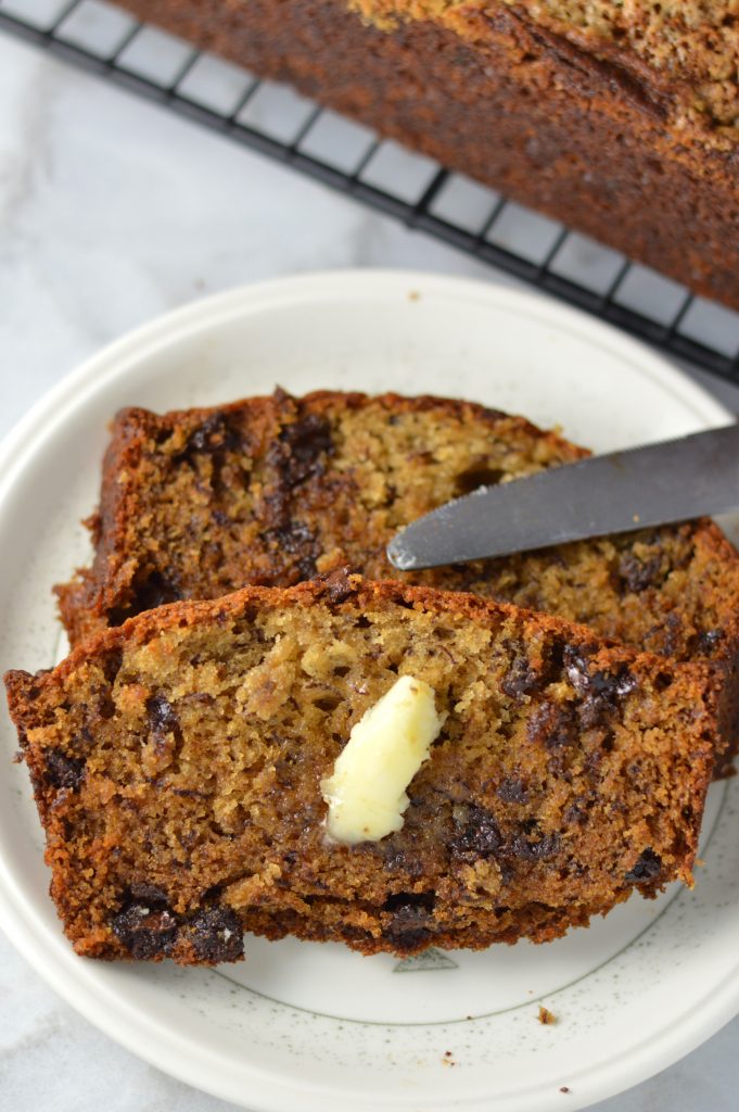 This Chocolate Chip Banana Bread recipe is so easy to make! Made with 3 bananas, chocolate chips and mayonnaise! It sounds weird, but it's so good!