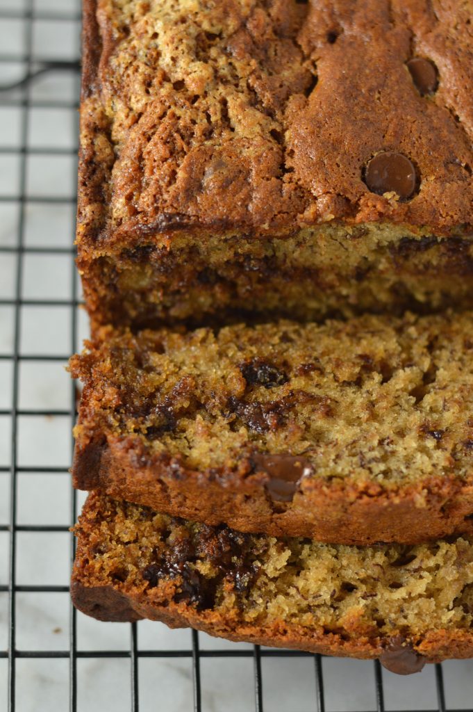 This Chocolate Chip Banana Bread recipe is so easy to make! Made with 3 bananas, chocolate chips and mayonnaise! It sounds weird, but it's so good!