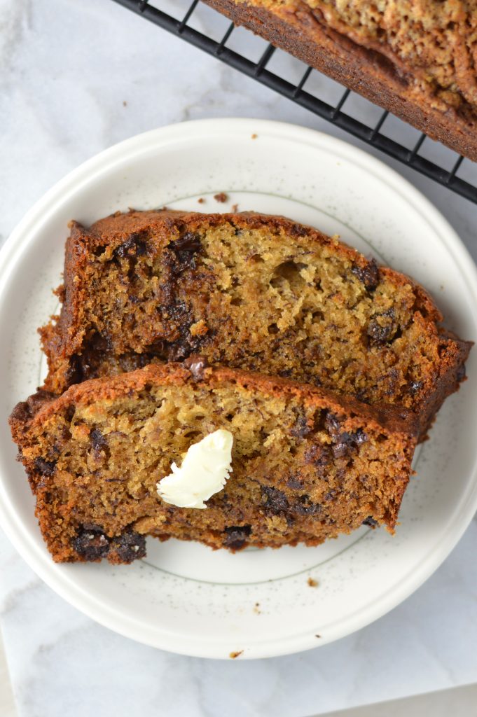 This Chocolate Chip Banana Bread recipe is so easy to make! Made with 3 bananas, chocolate chips and mayonnaise! It sounds weird, but it's so good!