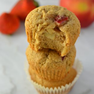 These Strawberry Apple Muffins are like a cross between Summer and Fall. Spiced with cinnamon and nutmeg, this recipe makes the perfect breakfast or snack.