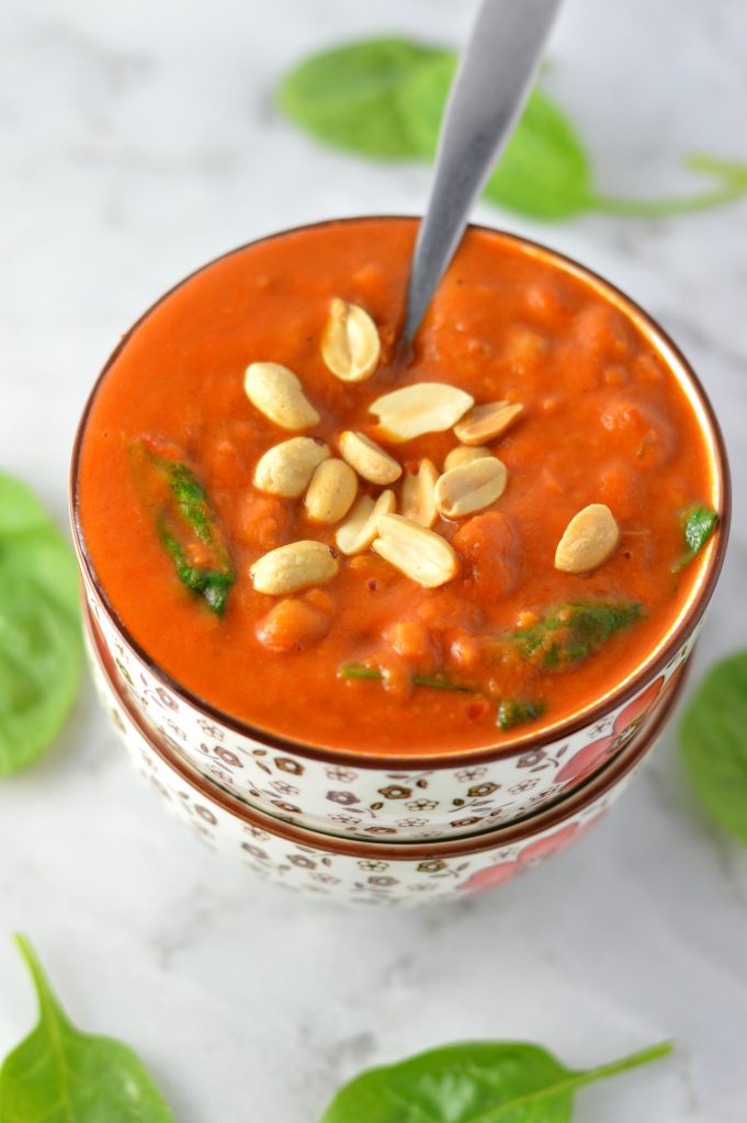  West African Sweet Potato and Peanut Soup. This spicy soup is vegan and filled with chickpeas, this is the perfect dinner recipe.