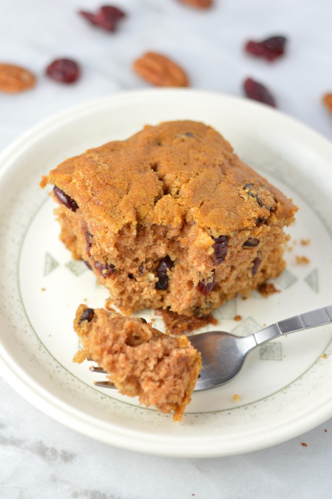 This Applesauce Cake is made with pecans and cranberries. The perfect dessert or breakfast recipe for the fall.