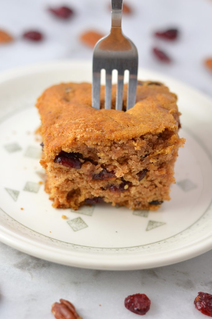 This Applesauce Cake is made with pecans and cranberries. The perfect dessert or breakfast recipe for the fall.