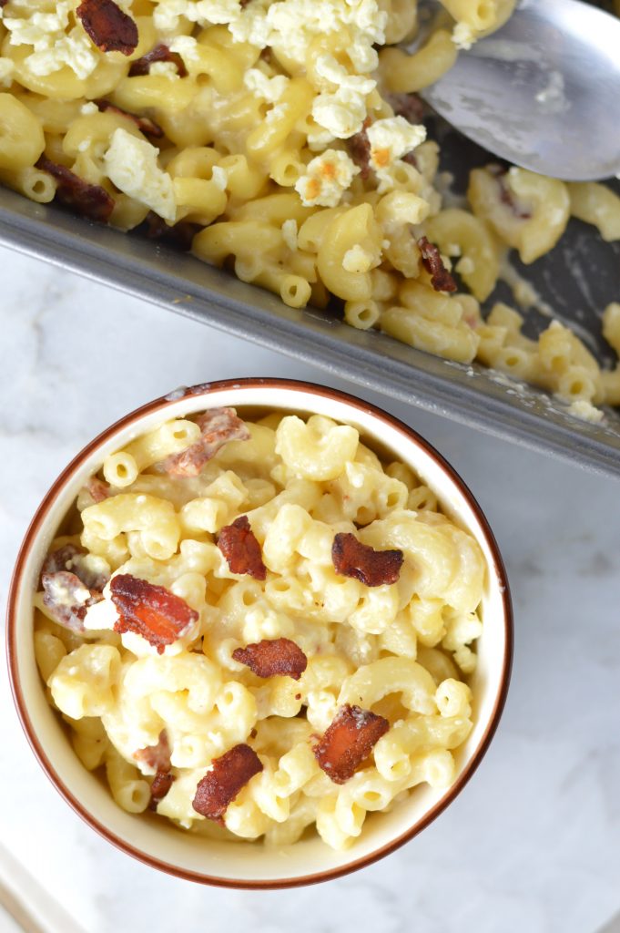 This Bacon and Feta Mac and Cheese is macaroni and cheese for grown ups. This recipe makes a lot, so you can have leftovers for dinner all week.