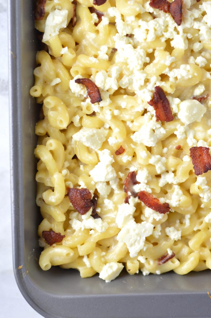 This Bacon and Feta Mac and Cheese is macaroni and cheese for grown ups. This recipe makes a lot, so you can have leftovers for dinner all week.