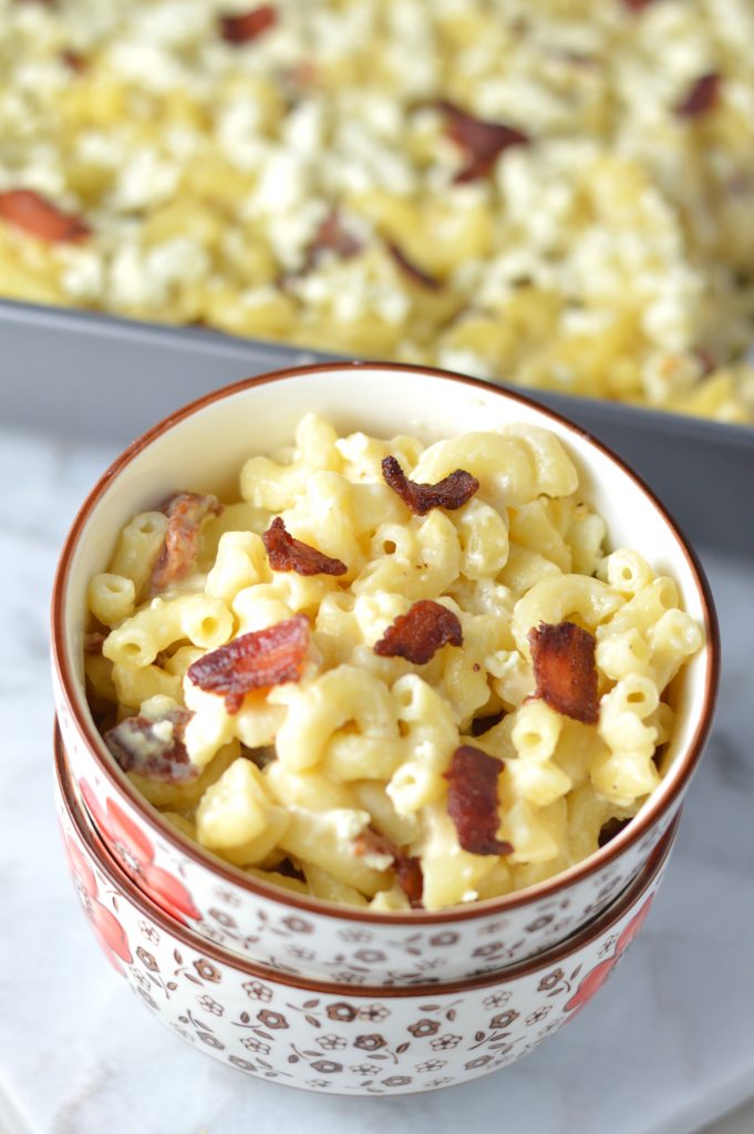 This Bacon and Feta Mac and Cheese is macaroni and cheese for grown ups. This recipe makes a lot, so you can have leftovers for dinner all week.