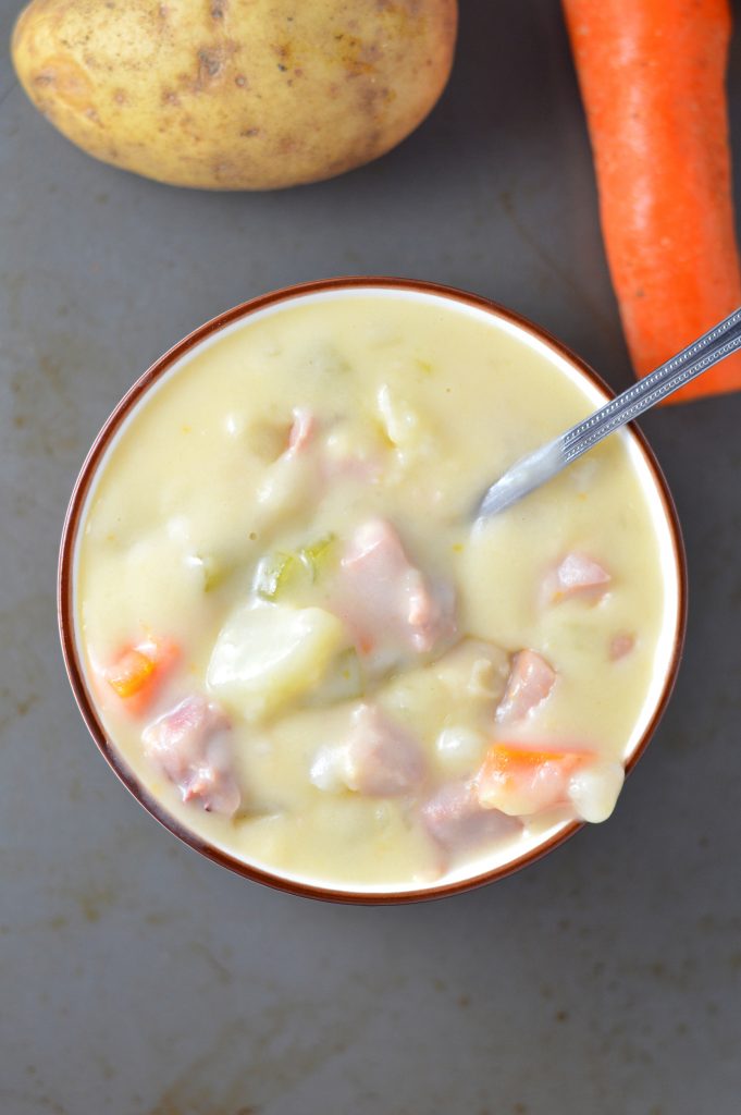 This Cream of Potato and Ham Soup is so easy to make! This is the perfect recipe to use your leftover Thanksgiving or Christmas ham.