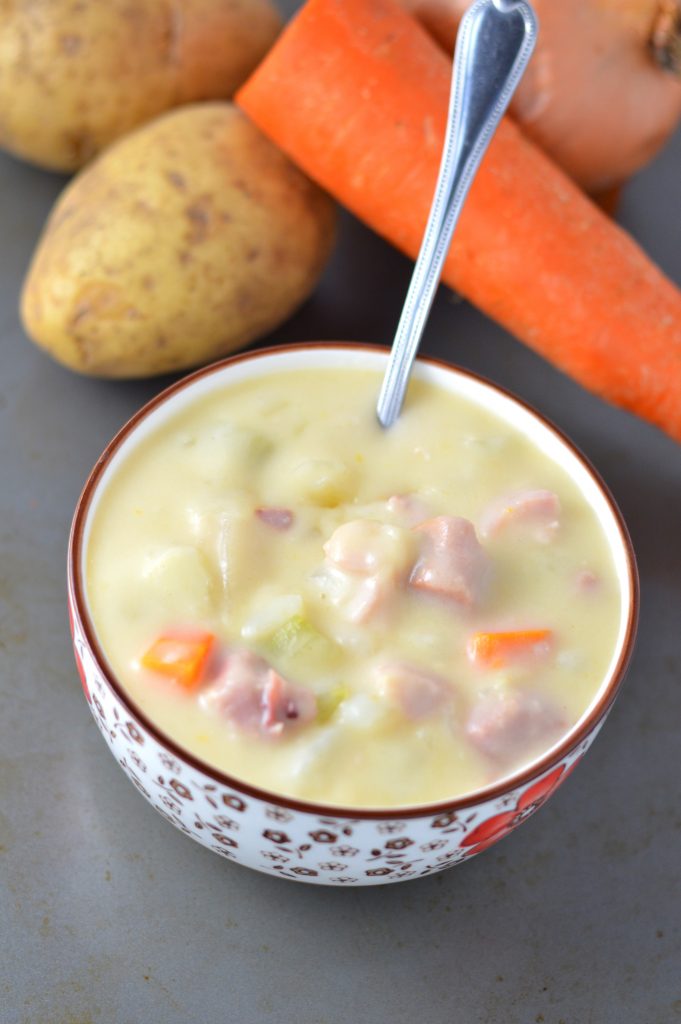 This Cream of Potato and Ham Soup is so easy to make! This is the perfect recipe to use your leftover Thanksgiving or Christmas ham.