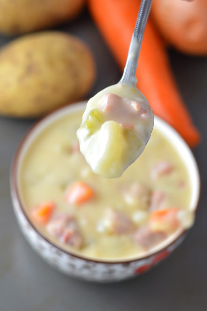 This Cream of Potato and Ham Soup is so easy to make! This is the perfect recipe to use your leftover Thanksgiving or Christmas ham.