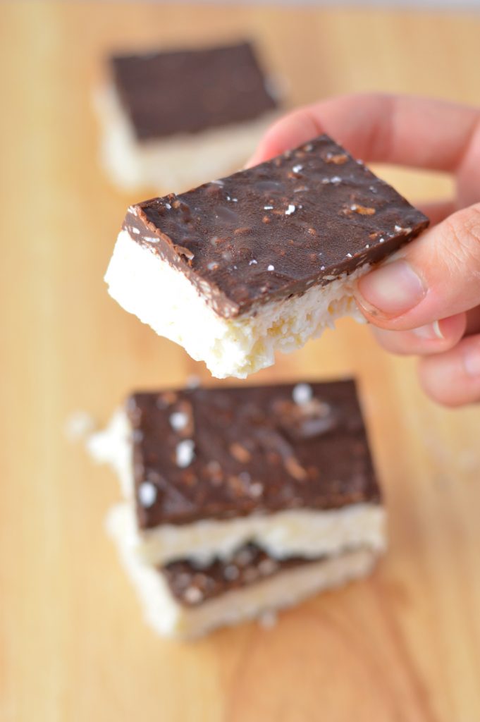 Easy homemade Healthy Bounty Bars that are vegan, paleo and gluten free. Made with only 4 ingredients, these make great snacks.