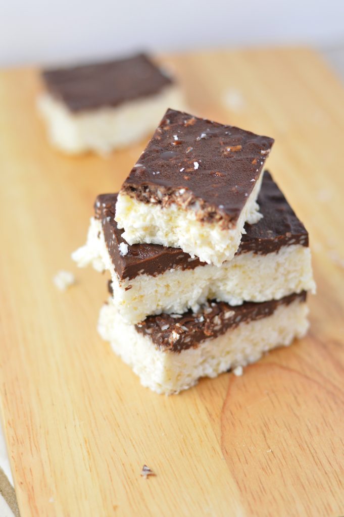 Easy homemade Healthy Bounty Bars that are vegan, paleo and gluten free. Made with only 4 ingredients, these make great snacks.