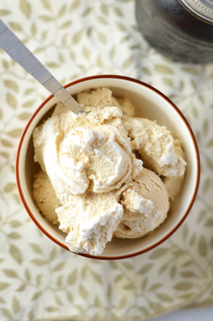 Coffee Ice Cream made in my cuisinart ice cream maker, and made without eggs. The perfect way to use up leftover day old coffee.