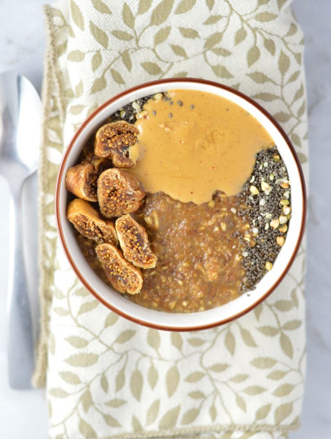 Coffee Oatmeal with Dried Figs, Peanut Butter and Chia Seeds