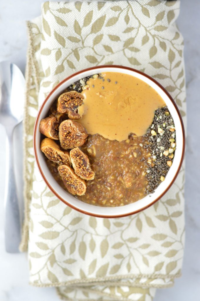 Coffee Oatmeal with Dried Figs, Peanut Butter and Chia Seeds