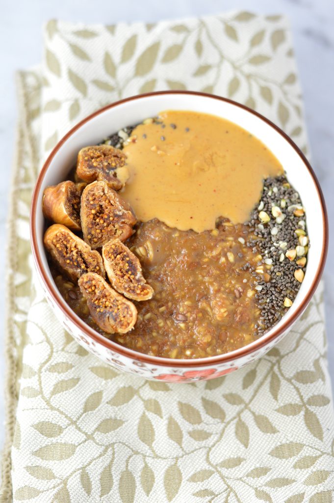 Coffee Oatmeal with Dried Figs, Peanut Butter and Chia Seeds